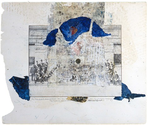 todd bartel Collages 1983-1984 carbon copy transfer, pencil, Elmer's glue, wax,  book cutouts, aged magazine page, pressed leaves and paint chips on Odd Fellows Union yearbook page (c. 1930)