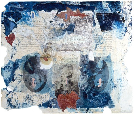 todd bartel Collages 1983-1984 carbon copy transfer, pencil, Elmer's glue, wax, book cutouts, aged magazine page, pressed leaves and paint chips on Odd Fellows Union yearbook page (c. 1930)