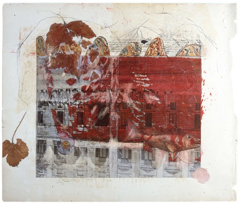 todd bartel Collages 1983-1984 carbon copy transfer, pencil, Elmer's glue, wax, book cutouts, aged magazine page, pressed leaves and paint chips on Odd Fellows Union yearbook page (c. 1930)