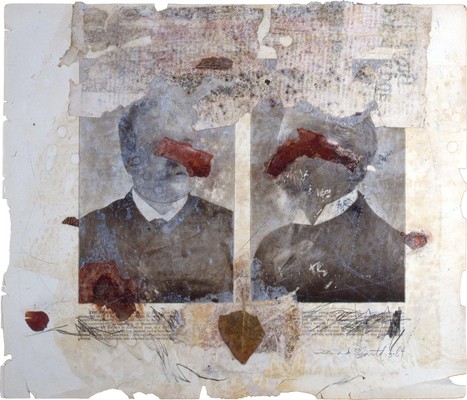 todd bartel Collages 1983-1984 carbon copy transfer, pencil, Elmer's glue, wax, book cutouts, aged magazine page, pressed leaves and paint chips on Odd Fellows Union yearbook page (c. 1930)