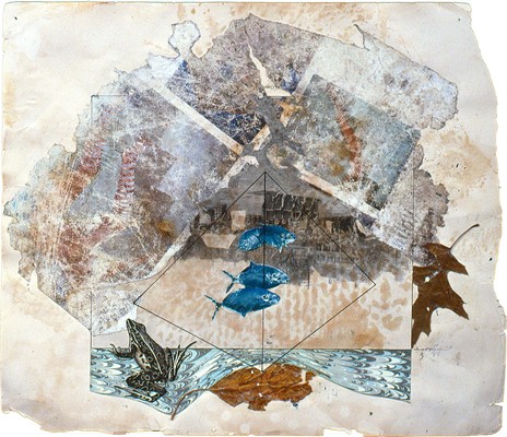todd bartel Collages 1983-1984 carbon copy transfer, pencil, faux-marbled paper, Elmer's glue, wax, book cutouts, aged magazine page, pressed leaves and paint chips on Odd Fellows Union yearbook page (c. 1930)