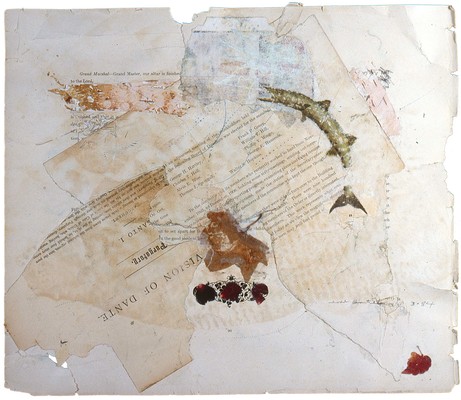 todd bartel Collages 1983-1984 carbon copy transfer, pencil, Elmer's glue, wax, Birch bark, book cutouts, aged magazine page, pressed leaves and paint chips on Odd Fellows Union yearbook page (c. 1930)
