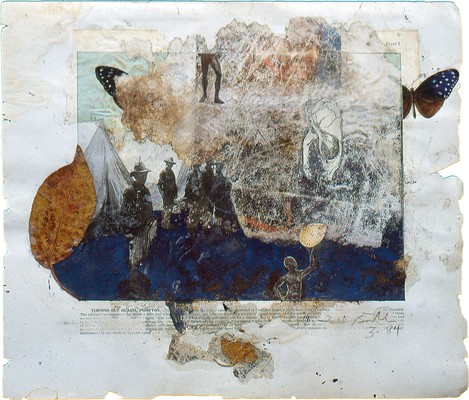 todd bartel Collages 1983-1984 gouache, pencil, pressed leaves, aged magazine page, Elmer's glue and book cutouts on Odd Fellows Union yearbook page (c. 1930)
