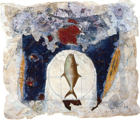 todd bartel Collages 1983-1984 gouache, pencil, pressed leaves, aged magazine page, marbled paper, Elmer's glue and book cutouts on Odd Fellows Union yearbook page (c. 1930)