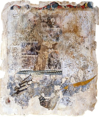 todd bartel Collages 1983-1984 gouache, pencil, pressed leaves, aged magazine page, Elmer's glue and book cutouts on Odd Fellows Union yearbook page (c. 1930)