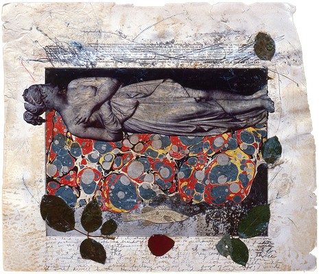 todd bartel Collages 1983-1984 gouache, pencil, pressed leaves and rose petal from Theressa Bartel's funeral, aged magazine page, Elmer's glue and book cutouts on Odd Fellows Union yearbook page (c. 1930)