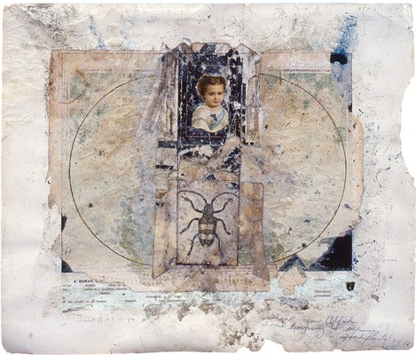 todd bartel Collages 1983-1984 gouache, pencil, pressed leaves, aged magazine page, Elmer's glue and book cutouts on Odd Fellows Union yearbook page (c. 1930)