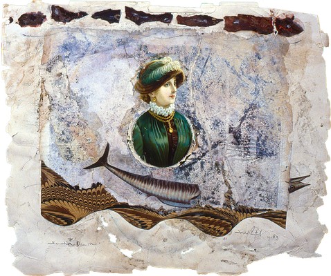 todd bartel Collages 1983-1984 gouache, pencil, pressed leaves, aged magazine page, marbled paper, Elmer's glue and book cutouts on Odd Fellows Union yearbook page (c. 1930)