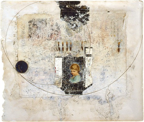 todd bartel Collages 1983-1984 gouache, pencil, pressed leaves, aged magazine page, Elmer's glue and book cutouts on Odd Fellows Union yearbook page (c. 1930)