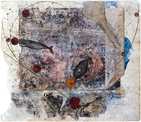 todd bartel Collages 1983-1984 gouache, pencil, pressed leaves, aged magazine page, Elmer's glue and book cutouts on Odd Fellows Union yearbook page (c. 1930)