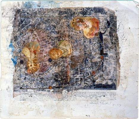 todd bartel Collages 1983-1984 aged magazine page, book cutouts, Victorian card, pencil, enamel, pressed leaves, flower pistils and Elmer's glue on Odd Fellows Union yearbook page (c. 1930)