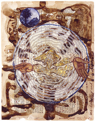 todd bartel Garden Studies blood, ink, gesso and water color on two pages from Ovid’s “Metamorphosis”