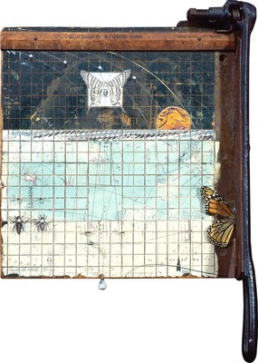 todd bartel Assemblages 1982-1989 distressed map, book cutouts, marbled paper, map pins, fishing weight, graphite, butterfly wings, cutting board