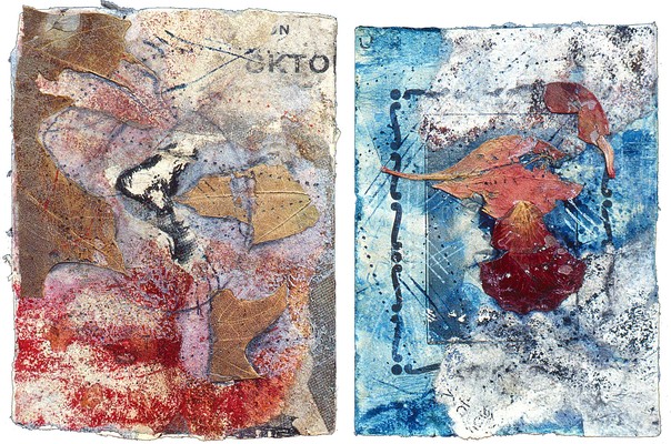 todd bartel Assemblages 1982-1989 distressed paper, leaves, graphite, watercolor, rose pedal on book print