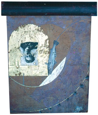 todd bartel Assemblages 1982-1989 gold leaf, gouache, graphite, watercolor, book cutouts, Victorian marble, ball bearing, on disassembled stool parts