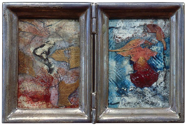todd bartel Assemblages 1982-1989 distressed paper, leaves, graphite, watercolor, rose pedal on book print, in silver frame, glass