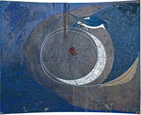 todd bartel Assemblages 1982-1989 gouache, graphite on book cutouts on disassembled stool part, feather