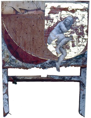 todd bartel Assemblages 1982-1989 gold leaf, book cutouts, graphite, gouache, distressed paper, one disassembled stool part