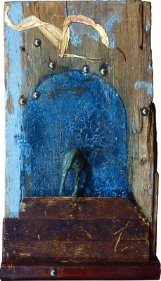 todd bartel Assemblages 1982-1989 wood, pressed flower, ball bearings, bronze toy horse, carbon paper transfer, enamel