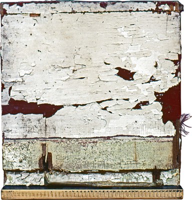 todd bartel Assemblages 1982-1989 chipped-paint on wood, bronze toy Etruscan figure, feather