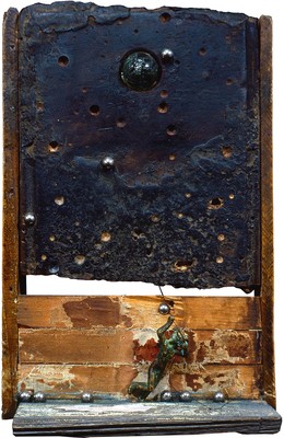 todd bartel Assemblages 1982-1989 termite-eaten wood, bronze toy figure, ball bearings, string, glass marble, wood