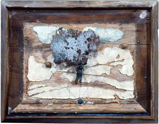 todd bartel Assemblages 1982-1989 rust, straight pins, bronze figure, Victorian marbles, string, ballbearings, door panel, wood box made of discarded clapboards, gouache