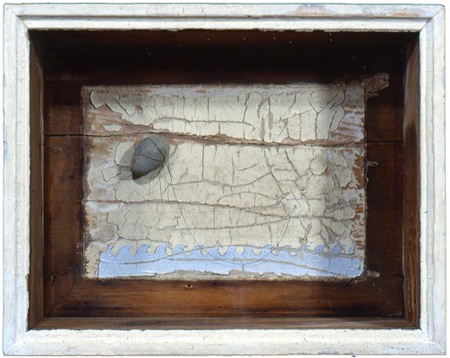 todd bartel Assemblages 1982-1989 door panel, wood box made of discarded clapboards, gouache, string, rock, epoxy, glass