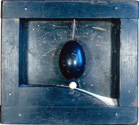 todd bartel Assemblages 1982-1989 wood form in found wood box, sand, Mouse main, Victorian marble, wood filler-illuminated pin-hole markings