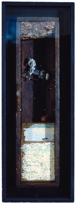 todd bartel Assemblages 1982-1989 wood, Termite eaten wood, toy lead horse, Victorian marble, glass