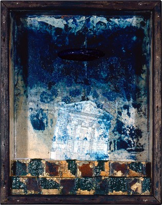 todd bartel Assemblages 1982-1989 rock, sealing wax, carbon paper transfer, engraving, Italian letter (c.1880), paint-chipped wood, sand, mounted in a found wooden box, glass