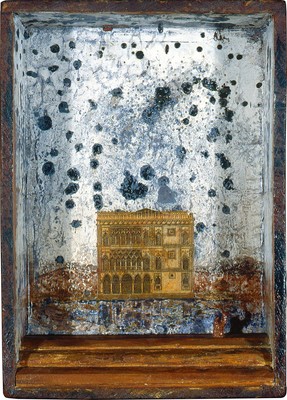 todd bartel Assemblages 1982-1989 wood, sealing wax gouache and ball bearings on Italian Letter (c. 1880), watercolor on book engraving, lead toy tree, found wood box