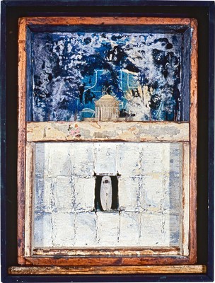 todd bartel Assemblages 1982-1989 blueprint, sealing wax, Italian letter (c.1880), engraving, ball bearings, nails, architectural wooden dentals with aged paint, wood filler, house paint, cicada, glue, sand, found wooden box, glass