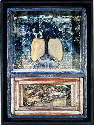 todd bartel Assemblages 1982-1989 blueprint, sealing wax, Italian letter (c.1880), engraving, sand, moose mane, split rock, wood,  freeze-dried sardines and spray acrylic in found wooden box, glass