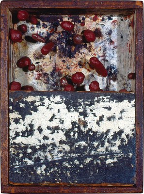 todd bartel Assemblages 1982-1989 watercolor and acrylic on Italian letter (c.1880), engraving, Rustoleum paintballs, ball bearing, found wooden box, glass