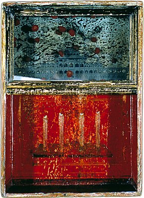 todd bartel Assemblages 1982-1989 ink, watercolor and acrylic on Italian letter (c.1880), engraving, Rustoleum paintballs, sand, found wooden box, glass