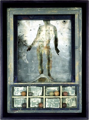 todd bartel Assemblages 1982-1989 tempera, casein, Italian letter (c. 1880), map, pressed flowers, lead, glass slide mounts, wood molding, wooden architectural dentals, Victorian clay marbles, found wood box, glass