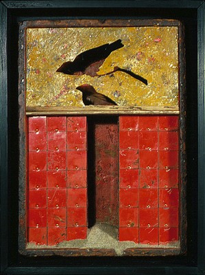 todd bartel Assemblages 1982-1989 oil-saturated wood box, gouache and sealing wax on paper, metal tags, escutcheon pins, straight pins, sand, glue, glass