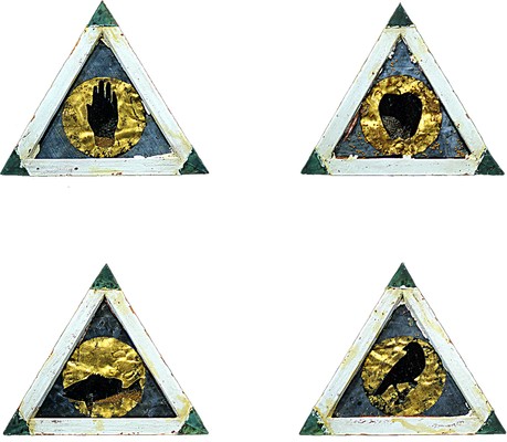 todd bartel Assemblages 1989-1994 constructed wood pyramid, mustard seeds, snakeskin, glass, lead, watercolor, gold leaf, wood, tempera, clay, casein, copper