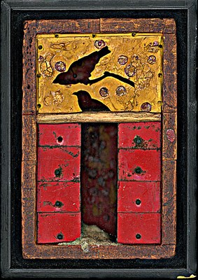 todd bartel Assemblages 1989-1994 constructed wood box , gouache and sealing wax  on paper, metal tags, escutcheon pins, straight pins, sand and glue