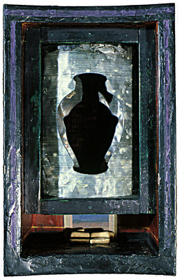 todd bartel Assemblages 1989-1994 found wood box, velvet, lead, toy stone blocks, gouache, modeling paste, casein