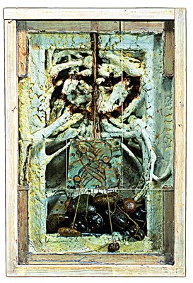 todd bartel Assemblages 1989-1994 constructed wood box, twigs, wax, rocks, shellac, string, casein, glass, ink, plaka on copper