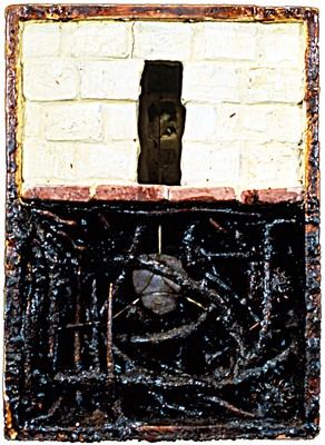todd bartel Assemblages 1989-1994 constructed wood box, twigs, wax, 21 cicada carcasses, rock, sinew, architectural wood-dentals