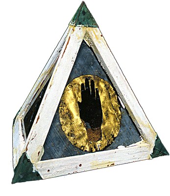 todd bartel Assemblages 1989-1994 constructed wood pyramid, mustard seeds, snakeskin, glass, lead, watercolor, gold leaf, wood, tempera, clay, casein, copper