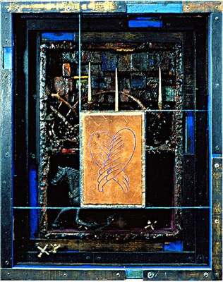 todd bartel Assemblages 1989-1994 tempera on constructed wood box, twigs, wax, wood, cast iron toy horse, antique toy jacks, velvet, plaka on linoleum, glass, copper tape