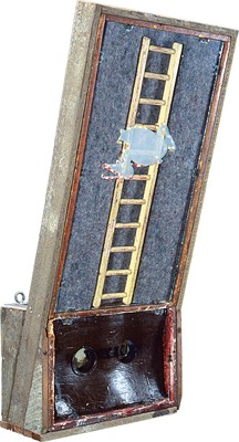 todd bartel Assemblages 1989-1994 constructed wood box, felt, hand-made ladder, Plaka, sandblasted glass, glazing points, Xeroxes, wax, shellac,