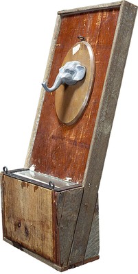 todd bartel Assemblages 1989-1994 constructed wood box, felt, hand-made ladder, Plaka, sandblasted glass, glazing points, Xeroxes, wax, shellac, toy elephant plaque