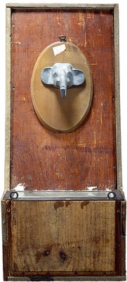 todd bartel Assemblages 1989-1994 constructed wood box, felt, hand-made ladder, Plaka, sandblasted glass, glazing points, Xeroxes, wax, shellac, toy elephant plaque