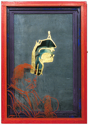 todd bartel Assemblages 1989-1994 constructed wood box, tempera, lead, gold leaf, pressed flowers, plaka on glass, velvet, brass, oil on linen, ink