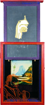 todd bartel Assemblages 1989-1994 constructed wood box, tempera, lead, gold leaf, pressed flowers, plaka on glass, velvet, brass, oil on linen, ink