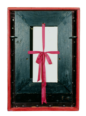 todd bartel Assemblages 1989-1994 wood, velvet, ribbon, commission letter, ribbon
